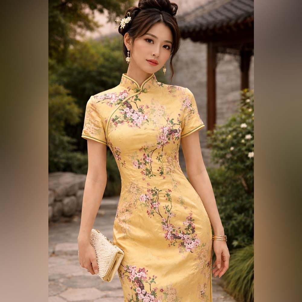 Yellow Silk Floral Cheongsam Chinese qipao dress Size Large